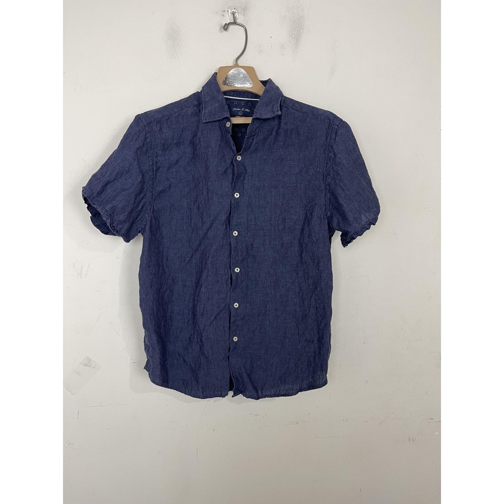 Porter & Ash Mens Navy Blue 100% Linen Short Sleeve Button Down Shirt Size Large